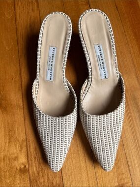 Stubbs & Wootton Raffia Woven Pointed Toe Tan Slide On Mules 8.5 wedge heel